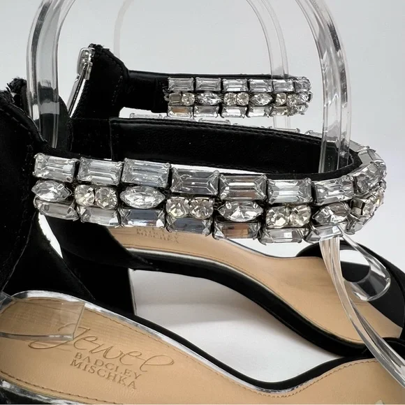 Jewel Badgley Mischka Katerina Black Heels Rhinestone Strap Sz 6 Elegant - Picture 4 of 14